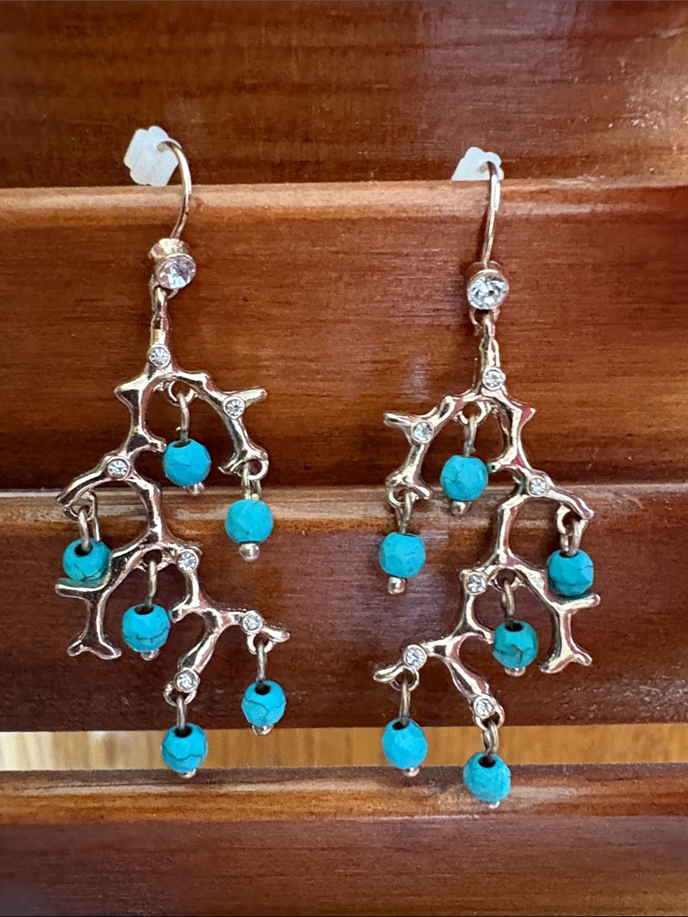 Brand new! Turquoise Bead Dangle Earrings - Gold-Tone Branch Design